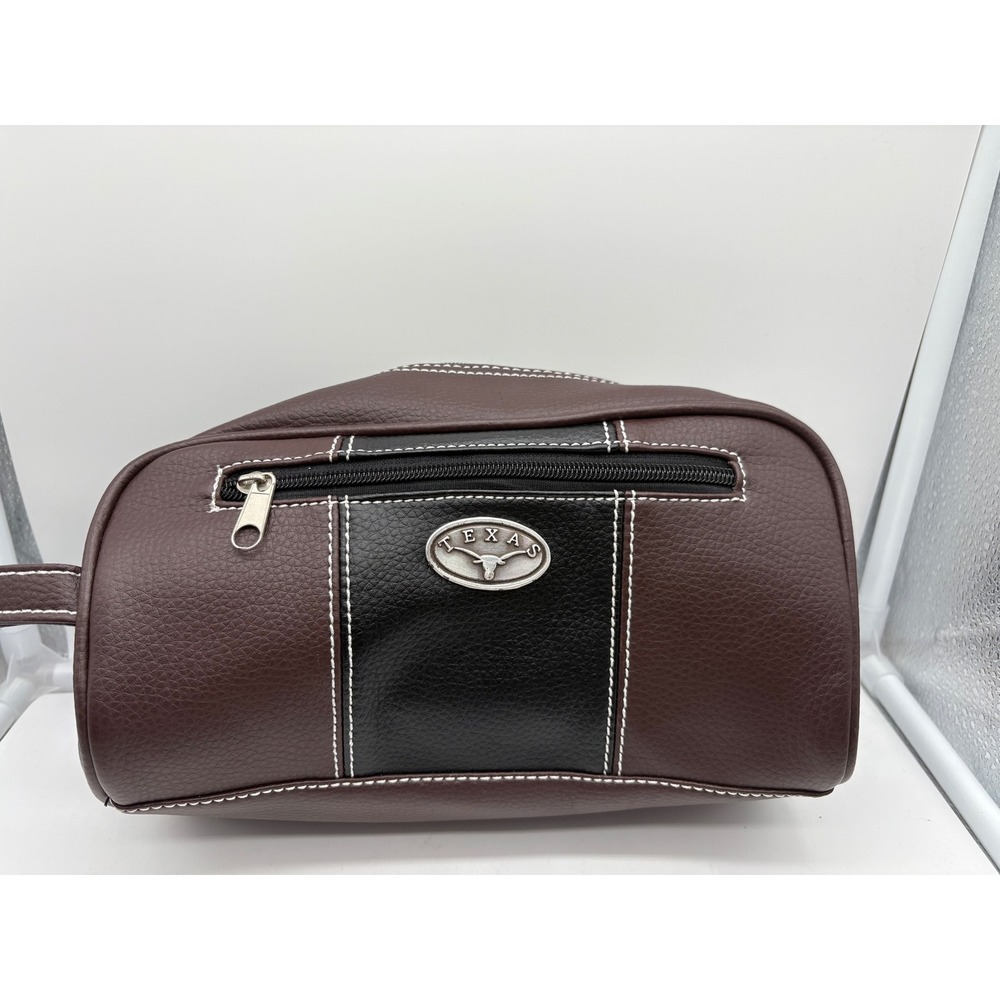 TX Longhorns Toiletry Bag Men's Dopp Kit Brown Pebble PU Finish Water Resistant
